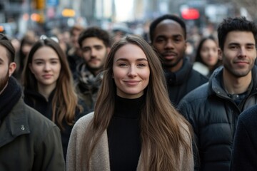Obraz premium Realistic stock photo of a group portrait of a diverse crowd of young adults smiling person people.