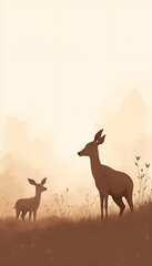 Naklejka premium deer in thSilhouettes of deer in a soft, misty landscape creating a serene and peaceful atmospheree woods