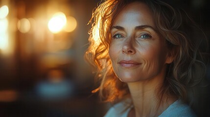 a middle-aged woman meditating in a sunlit room, surrounded by soft natural light, radiating calm and serenity, with a minimalist aesthetic that enhances her peaceful state of mind