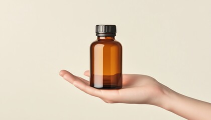 A hand holding a brown glass bottle, typically used for liquids or essential oils.