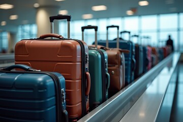 Fototapeta premium modern airport baggage claim area on the conveyor belt Background features blurred travelers and luggage