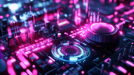 A close-up shot of a glowing circuit board with a futuristic knob and circular light in the foreground.