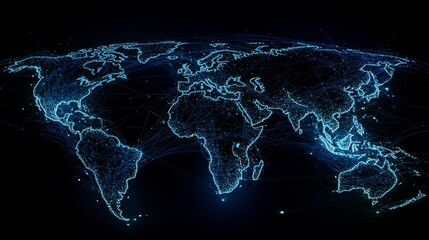 Global telecommunications visualized as a network of glowing lines and data streams connecting continents and countries