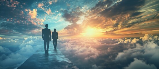 Obraz premium Men walking on clouds towards sunset, dramatic sky, serene atmosphere