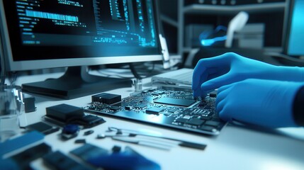A technician in blue gloves is working on a circuit board with a computer screen displaying code, highlighting electronic repair and analysis.