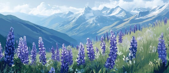 Mountain landscape with purple lupines, majestic mountains in background, clear sky