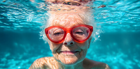 Fototapeta premium Elderly woman swimming and relaxing in swimming pool