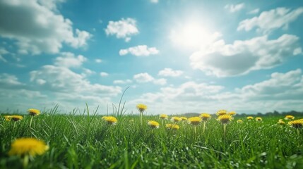 Beautiful meadow field with fresh grass and yellow dandelion flowers in nature against a blurry blue sky with clouds. Summer spring perfect natural landscape 