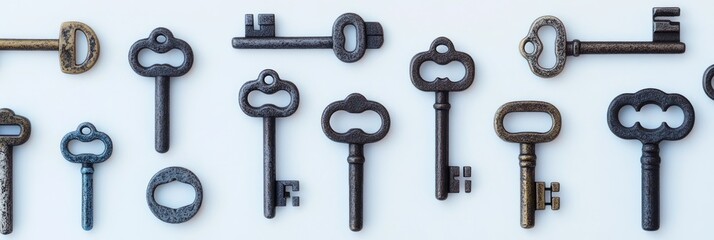 Obraz premium A collection of vintage keys arranged neatly on a white background.