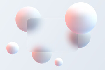 Abstract minimalistic background for glass morphism style presentation slide. Transparent plate and levitating sphere.