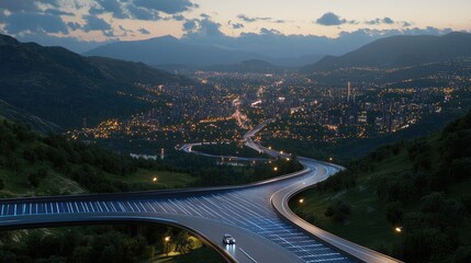 Fototapeta premium Wind turbines and solar panels are seen from above, illuminated at night, showcasing a digital grid connected to a vibrant cityscape