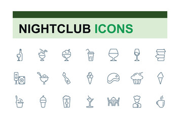 Bar And Nightclub line icons set. Contains related to bar, beers bottles, liqueur, can, wine, cocktail and more. Simple web icons. Vector illustration.