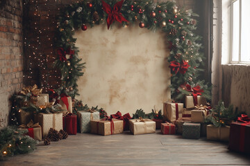 Christmas theme backdrop decorate with present box, baubles, wreath and christmas tree, Selective focus new year celebration with gift box.