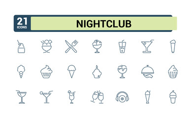 Bar And Nightclub line icons set. Contains related to bar, beers bottles, liqueur, can, wine, cocktail and more. Simple web icons. Vector illustration.