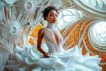 Femme avec une robe de mariée blanche futuriste