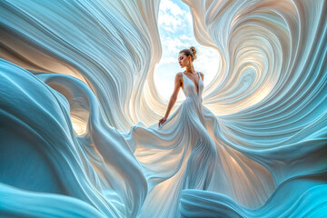 Femme avec une robe de mariée blanche futuriste