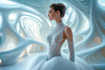 Femme avec une robe de mariée blanche futuriste