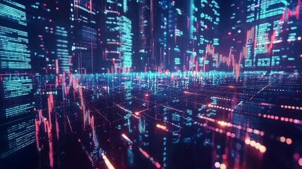 Global financial markets interconnected through blockchain and AI technologies, with glowing lines connecting major stock exchanges