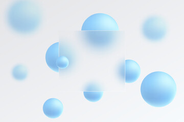 Glass morphism website landing page template. Frosted glass partition with floating blue spheres.