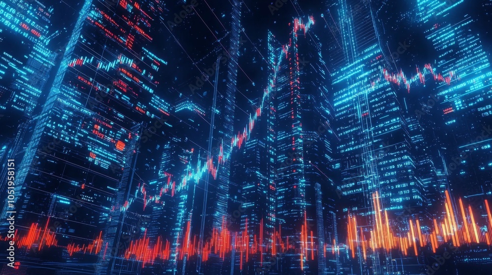 Wall mural global financial markets interconnected through blockchain and ai technologies, with glowing lines c