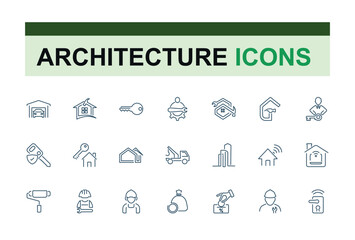 Architectural icon collection. Includes icons for development, architect, interior, construction, builder, interior, develop, sketch. Perfect for logos and infographics. Editable stroke.