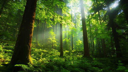 Obraz premium serene forest scene showcasing tall trees surrounded by lush green foliage and soft sunlight filtering through canopy, creating tranquil atmosphere