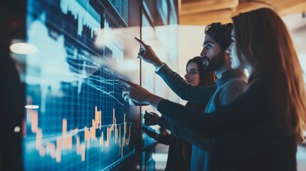 Team of Diverse Professionals Analyzing Financial Data on Interactive Screen with Graphs and Charts in Modern Office Setting for Business Insights