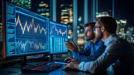 Two financial analysts analyzing stock market data on multiple screens at night, illuminated by city lights, discussing investment strategies.