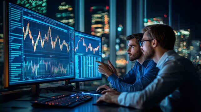 Two financial analysts analyzing stock market data on multiple screens at night, illuminated by city lights, discussing investment strategies. - Powered by Adobe