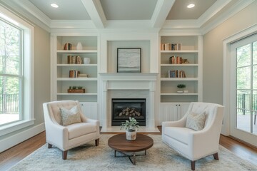 Modern living room featuring white built-in bookshelves, fireplace, and comfortable armchairs with large windows
