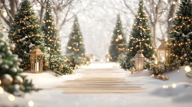Outdoor aesthetic garden in Christmas snow scene