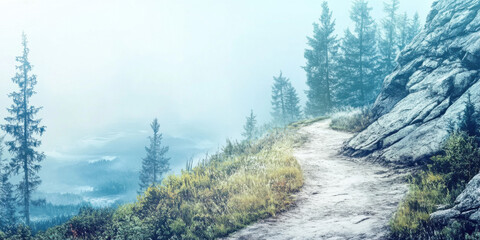 Serene Pathway Through Misty Mountains and Lush Forest