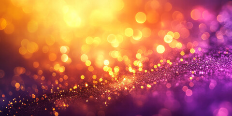 Vibrant bokeh lights create mesmerizing background with warm hues of orange, purple, and gold, evoking sense of celebration and joy