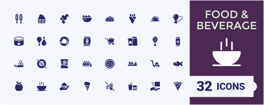 Set of Fast Food And Drinks solid icons. Includes flat solid eatery, ice, away fried, flat, thin, dessert take, delivery and more. Minimalist flat filled icon. Vector illustration.