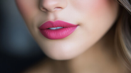 Fototapeta premium close up of womans lips showcasing vibrant pink lipstick, highlighting smooth skin and subtle glow. image captures sense of beauty and elegance