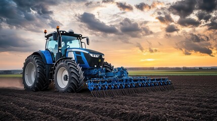 Obraz premium A blue tractor plows a field under a dramatic sunset, highlighting agricultural machinery in action.