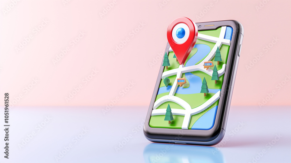 Poster smartphone with map displaying location pin for navigation and travel