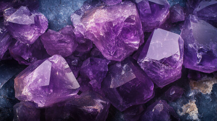 Fototapeta premium Amethyst crystals glisten with rich purple hues, showcasing their natural beauty and unique formations. These stunning gemstones are perfect for decorative purposes and spiritual practices