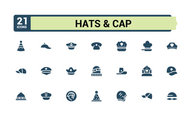 Hats And Cap icons in filled style. Featuring clothes, fashion, doodle, styles, head, female and more. Flat filled icons pack.