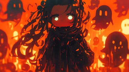 cute anime girl and flying ghosts