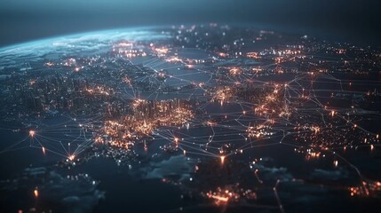 A visual concept of an interconnected global network of smart grids, powering cities across continents with renewable energy