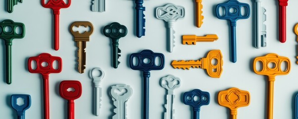 Obraz premium A collection of colorful keys arranged on a surface, showcasing variety and design.