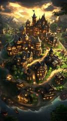 Fototapeta premium A medieval village nestled on a hilltop, illuminated by warm light, with a grand castle at its peak and a river flowing around it.
