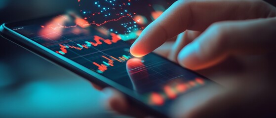 Close-up of a hand interacting with a smartphone displaying colorful stock market data and digital graphs, highlighting finance and technology themes.