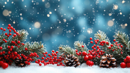 A beautiful blue sky with snow falling gently on the ground. The snow is covering the ground and the trees, creating a serene and peaceful atmosphere. In the foreground, there are several red berries