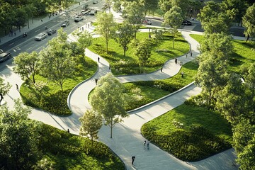 Aerial view of a modern urban park with green spaces and paths. AI generated illustration