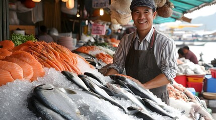 Seafood Vendor Arranging Freshly Caught Fish on Ice in Lively Market