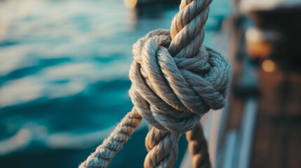 Fototapeta premium Nautical knots tied securely aboard a boat during a calm afternoon on the water