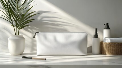 Mockup of a white cosmetic bag with a zipper for makeup and beauty tools. Small beauticians for travel. Modern realistic mockup of a blank fabric pouch with a zip for toiletry, soap and body care