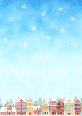 雪が降る青空の街並み　水彩イラスト